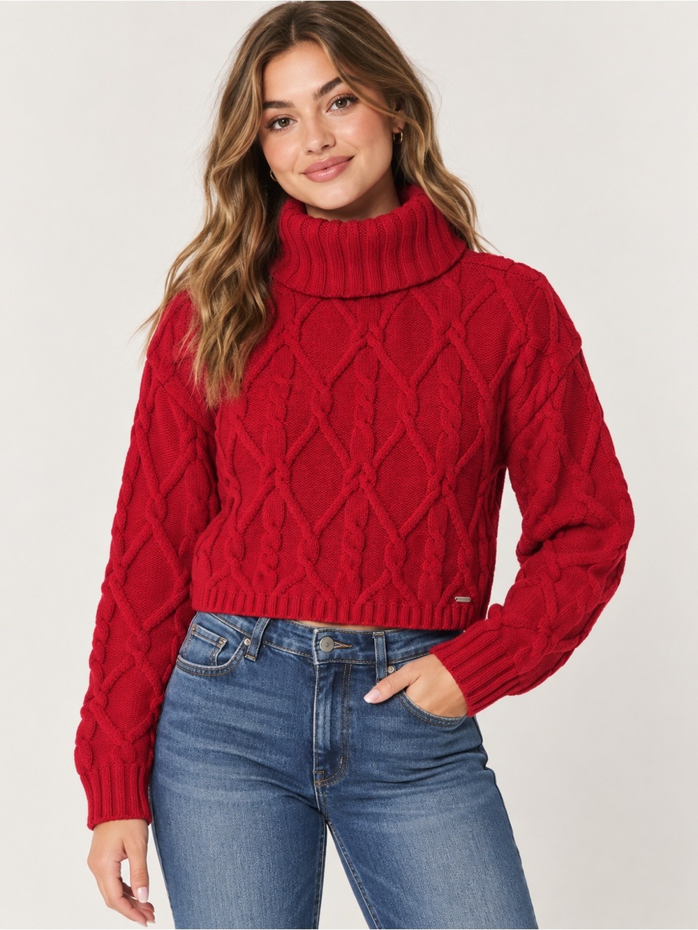 Tommy Hilfiger Red Cable-Knit Turtleneck Sweater